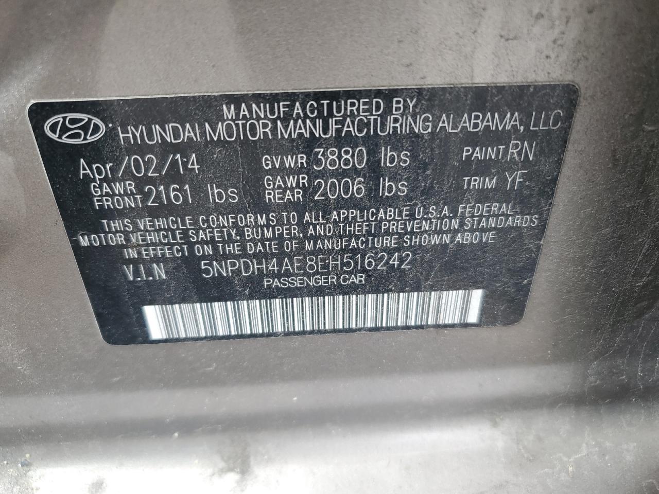 5NPDH4AE8EH516242 2014 Hyundai Elantra Se