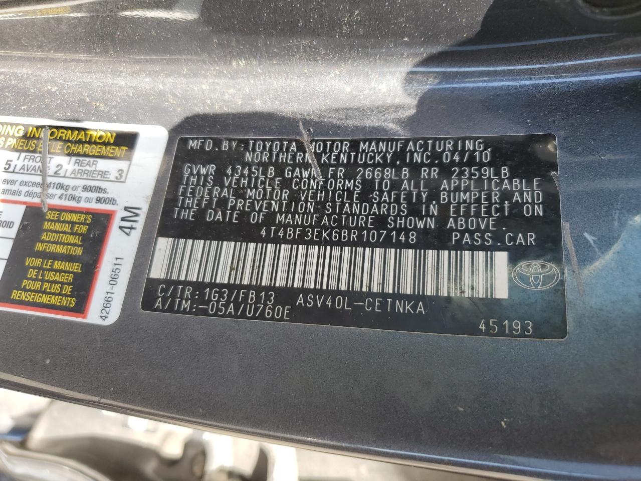 4T4BF3EK6BR107148 2011 Toyota Camry Base