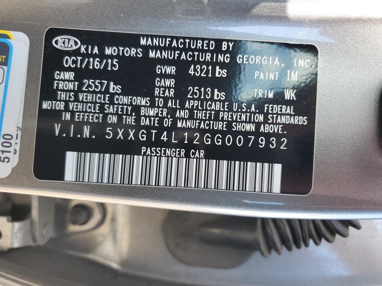 5XXGT4L12GG007932 2016 Kia Optima Lx