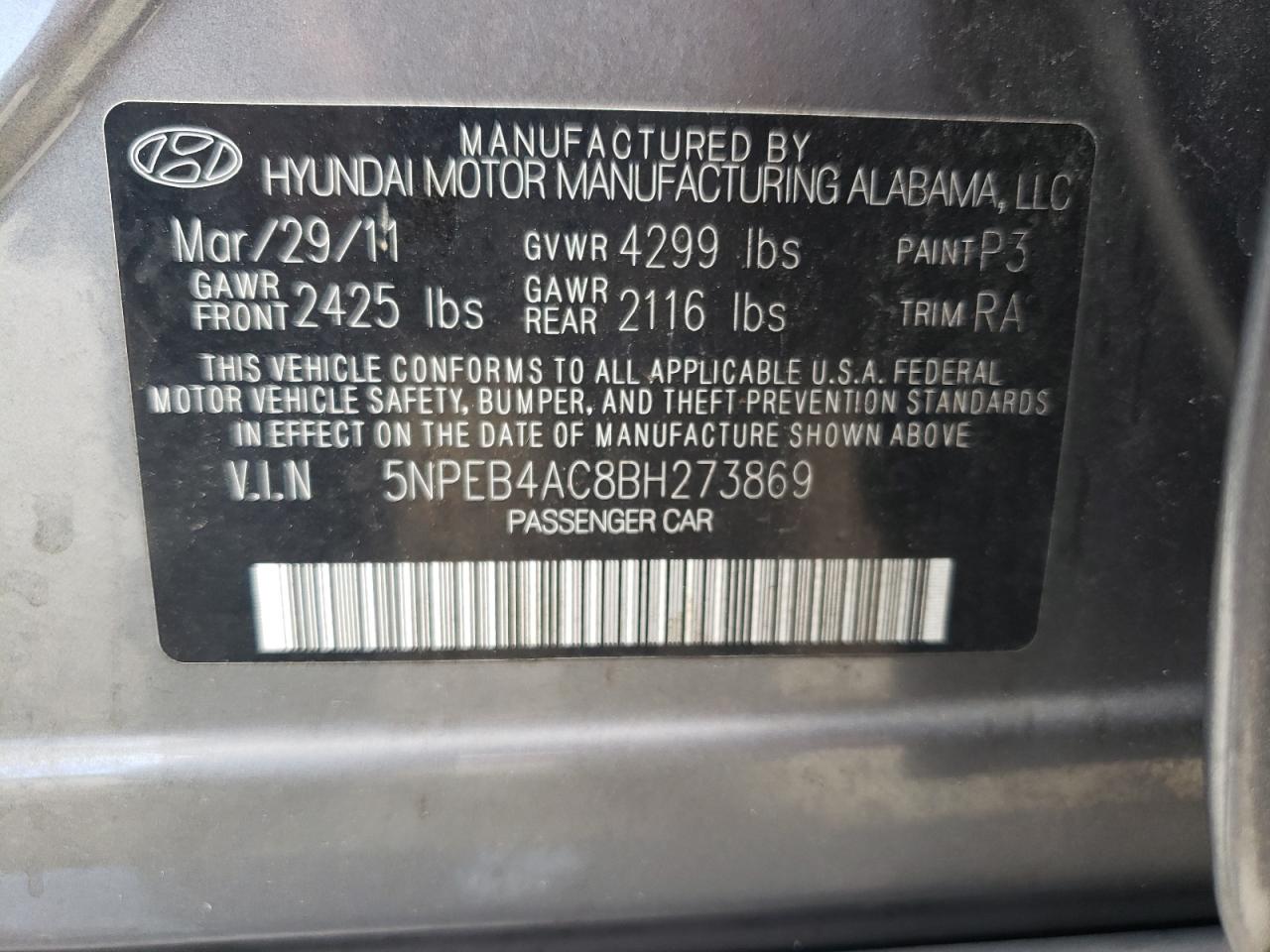 5NPEB4AC8BH273869 2011 Hyundai Sonata Gls