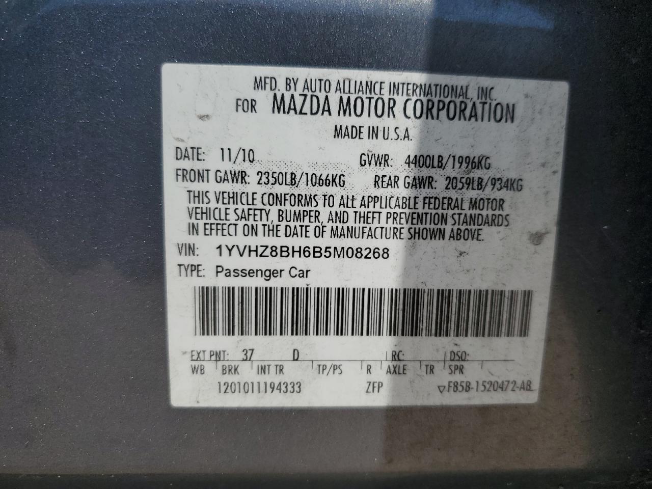 1YVHZ8BH6B5M08268 2011 Mazda 6 I