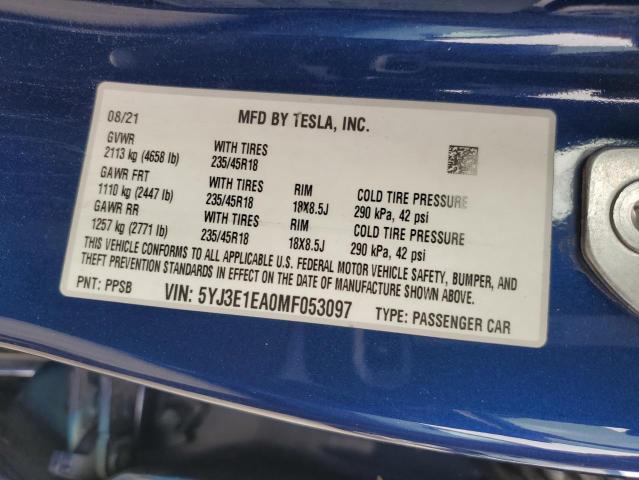 2021 Tesla Model 3 VIN: 5YJ3E1EA0MF053097 Lot: 51935634