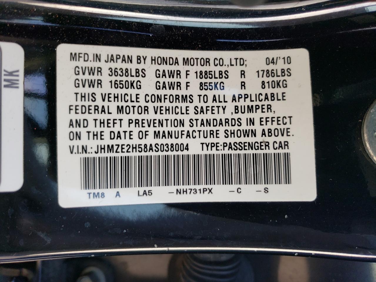 JHMZE2H58AS038004 2010 Honda Insight Lx