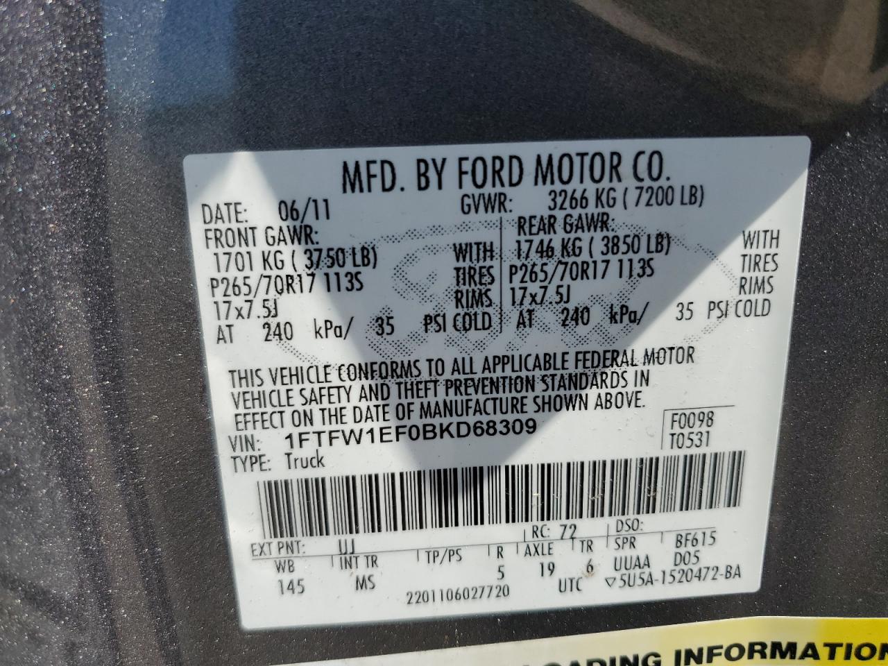 1FTFW1EF0BKD68309 2011 Ford F150 Supercrew