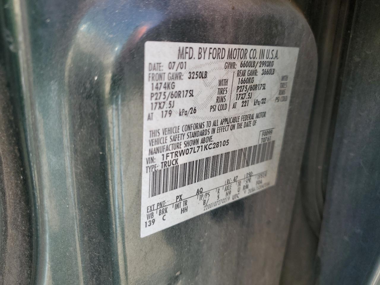 1FTRW07L71KC28105 2001 Ford F150 Supercrew