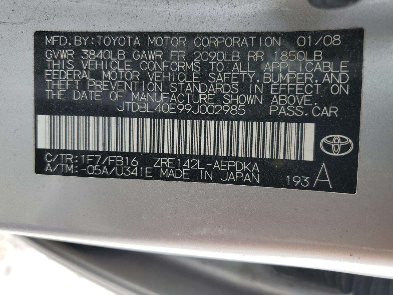 JTDBL40E99J002985 2009 Toyota Corolla Base