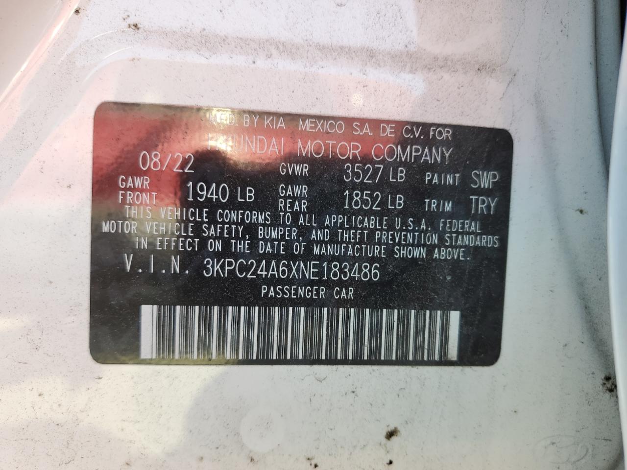 3KPC24A6XNE183486 2022 Hyundai Accent Se