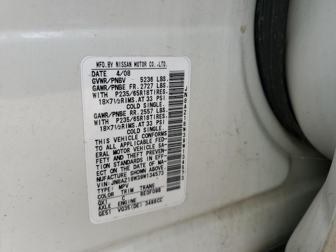 JN8AZ18W39W134573 2009 Nissan Murano S