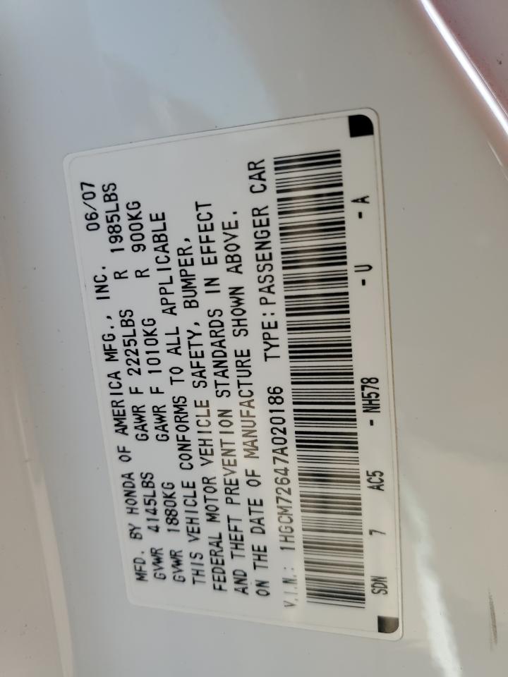 1HGCM72647A020186 2007 Honda Accord Ex