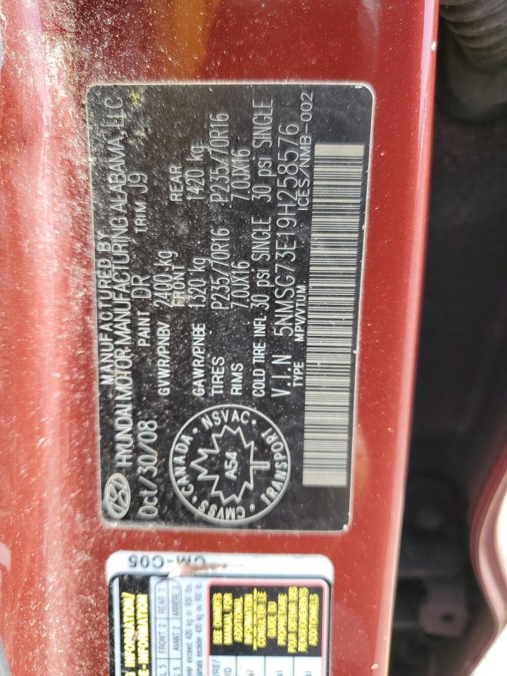 5NMSG73E19H258576 2009 Hyundai Santa Fe Gl