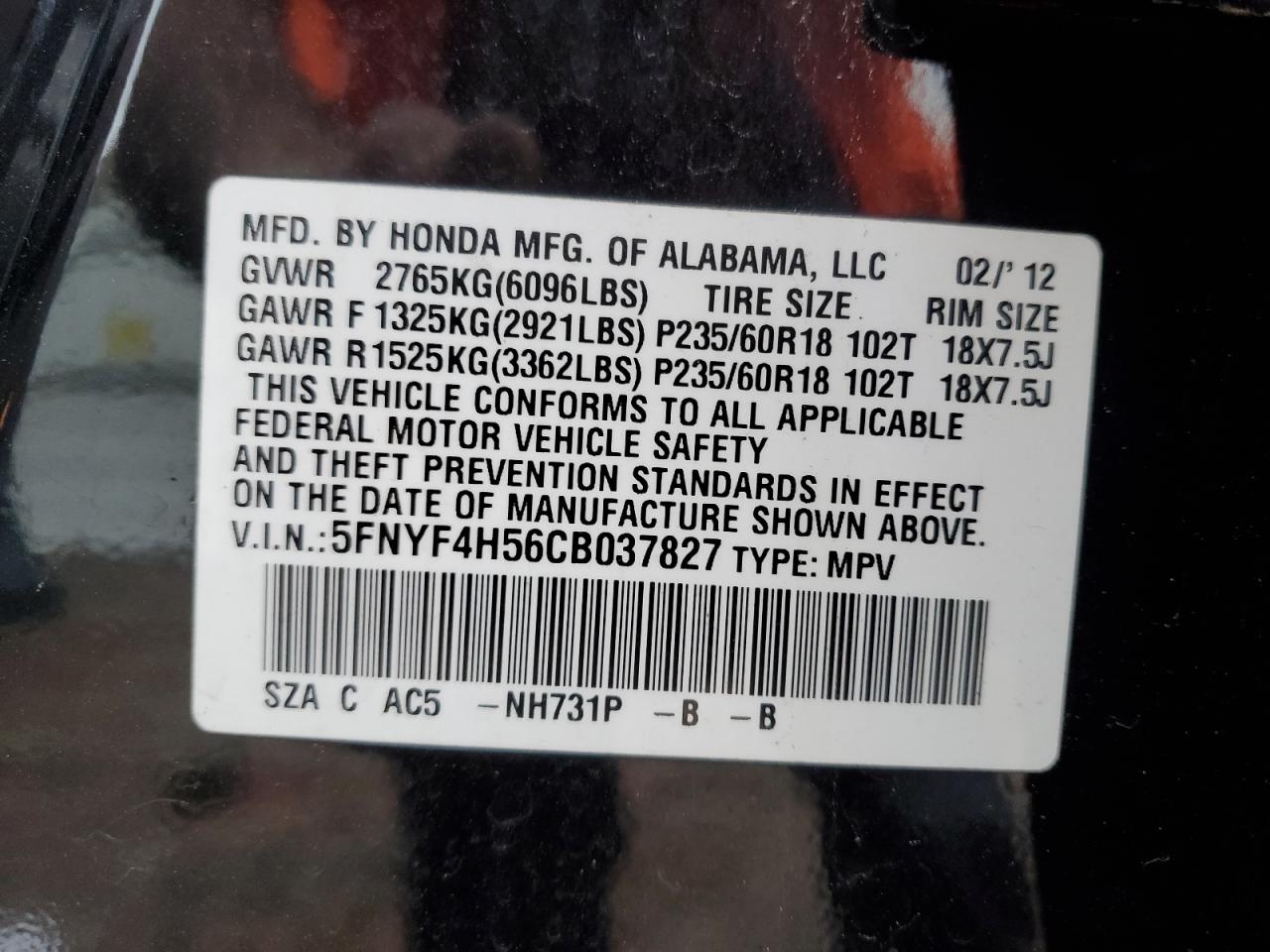 5FNYF4H56CB037827 2012 Honda Pilot Exl