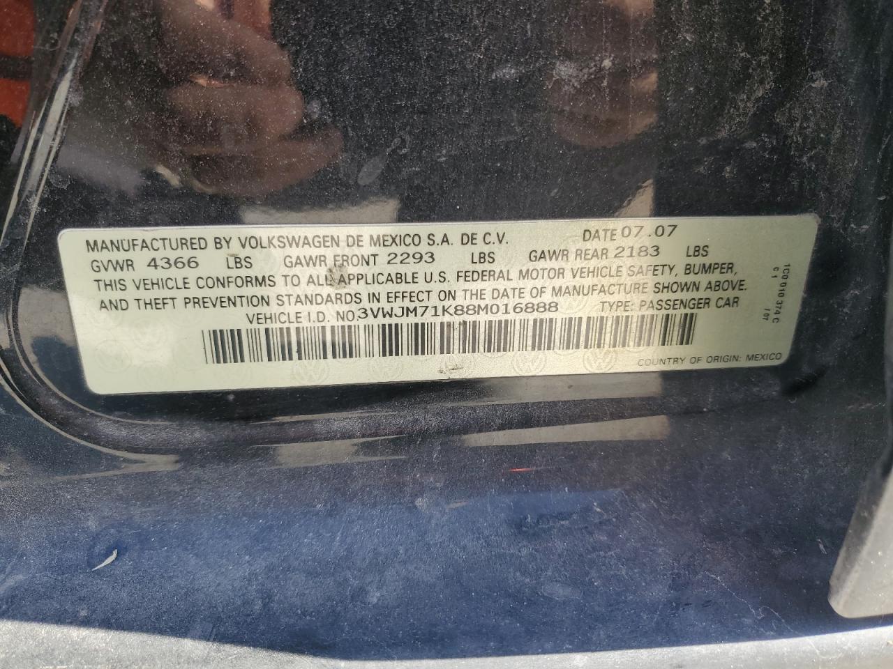 3VWJM71K88M016888 2008 Volkswagen Jetta S