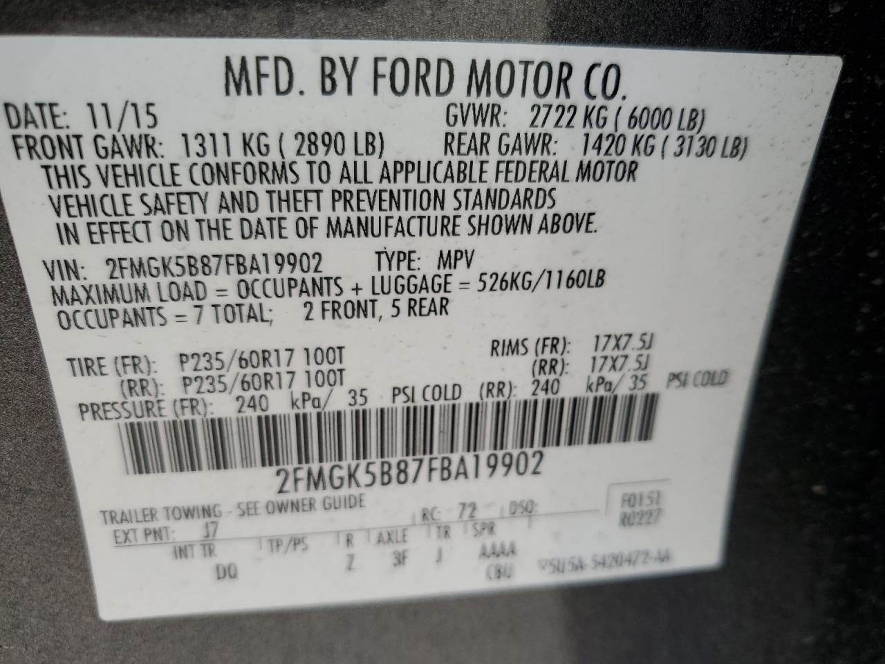 2FMGK5B87FBA19902 2015 Ford Flex Se