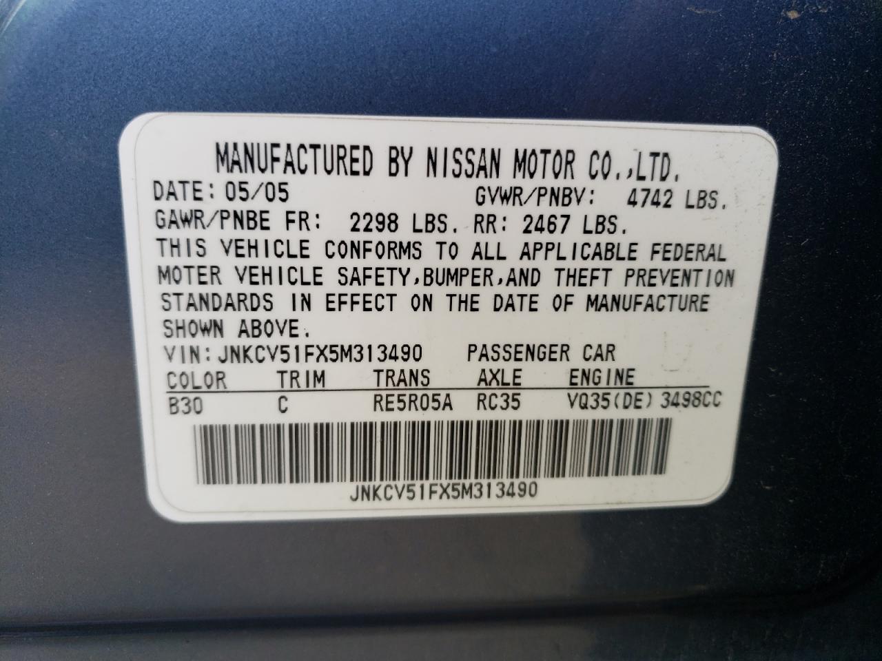 JNKCV51FX5M313490 2005 Infiniti G35