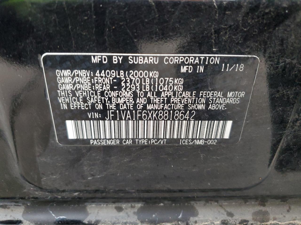 JF1VA1F6XK8818642 2019 Subaru Wrx Premium