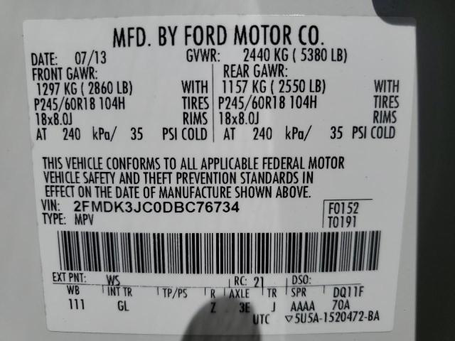 2013 Ford Edge Sel VIN: 2FMDK3JC0DBC76734 Lot: 39247693