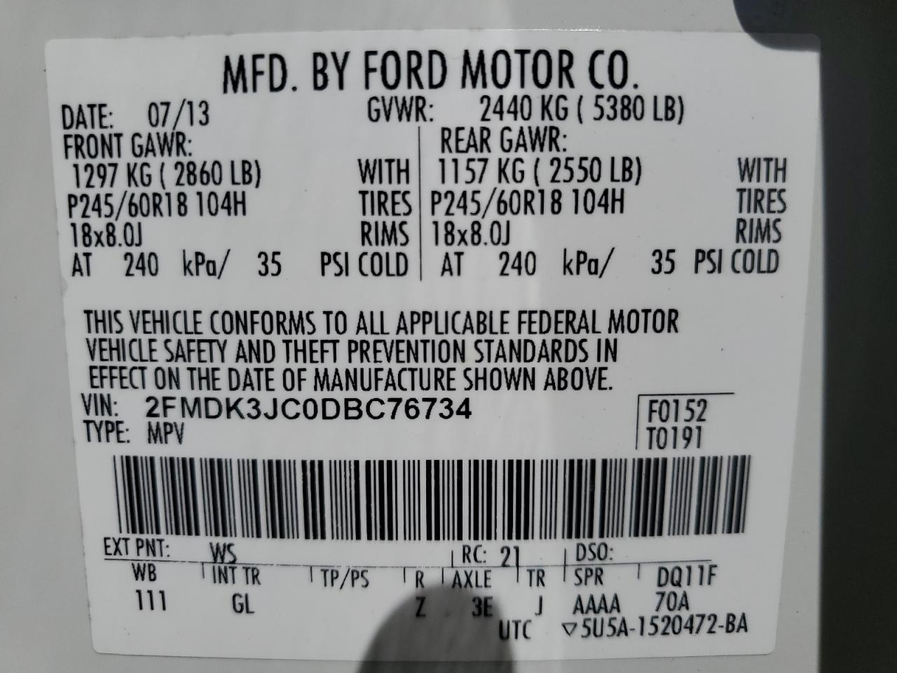 2FMDK3JC0DBC76734 2013 Ford Edge Sel