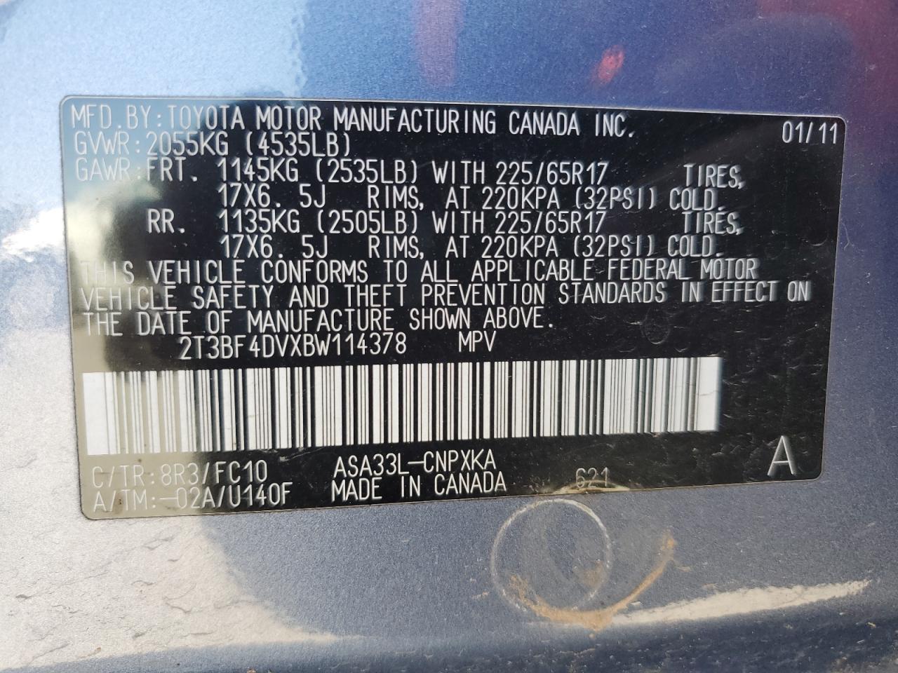 2T3BF4DVXBW114378 2011 Toyota Rav4