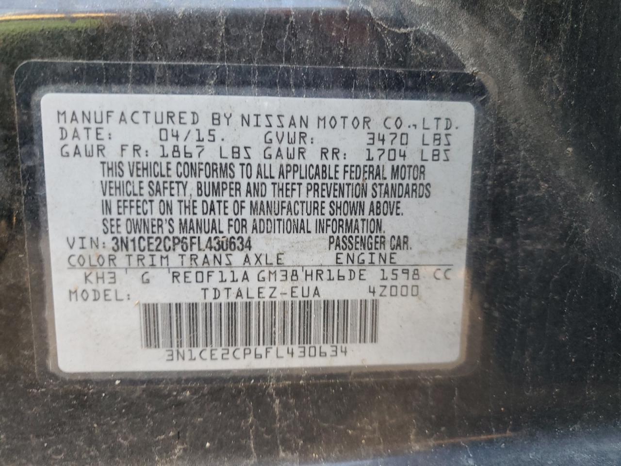 3N1CE2CP6FL430634 2015 Nissan Versa Note S