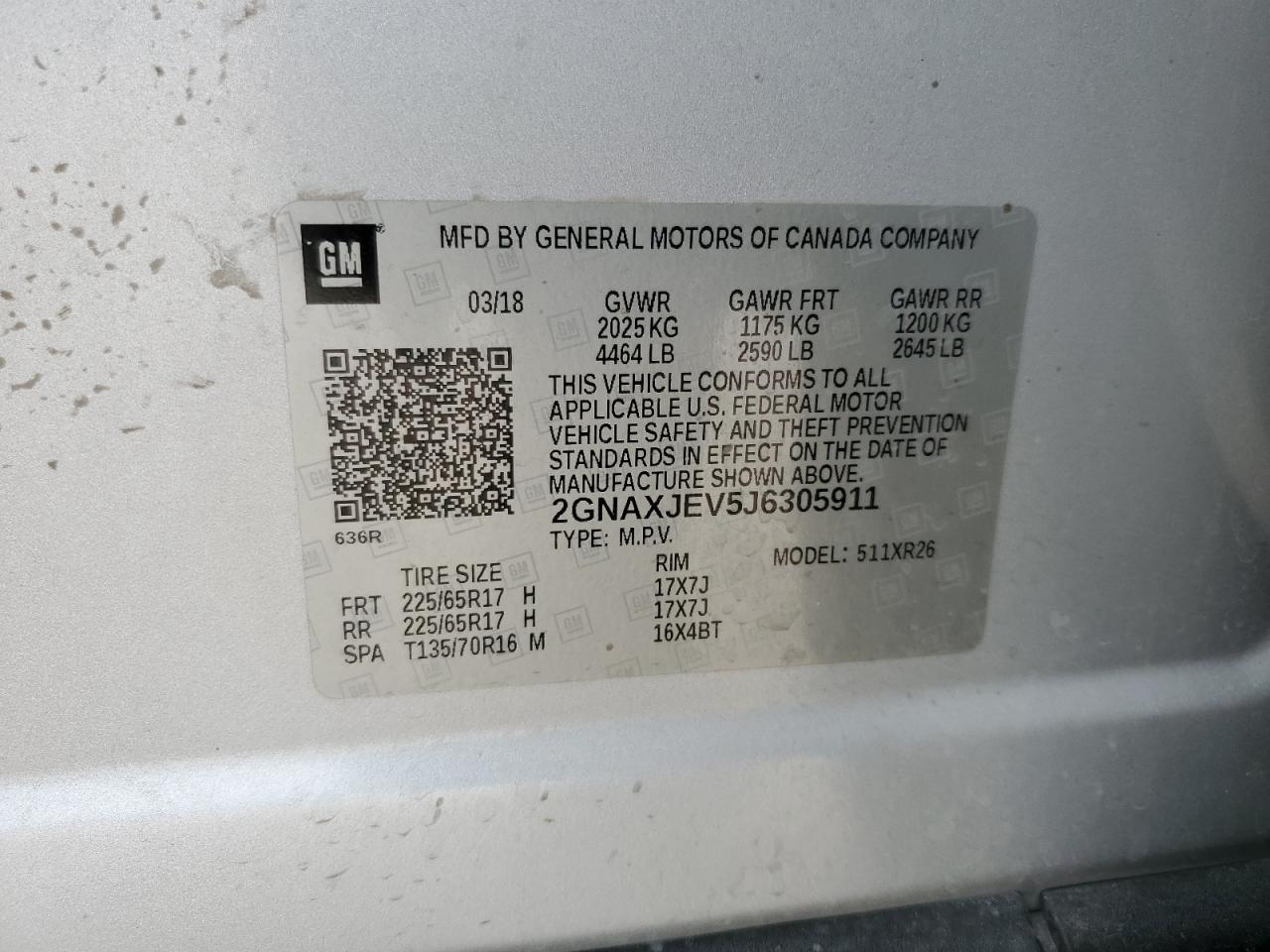 2GNAXJEV5J6305911 2018 Chevrolet Equinox Lt