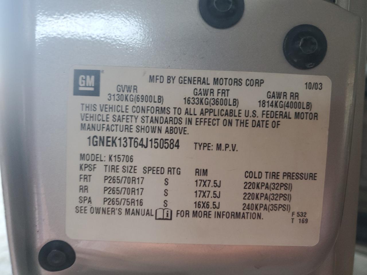 1GNEK13T64J150584 2004 Chevrolet Tahoe K1500