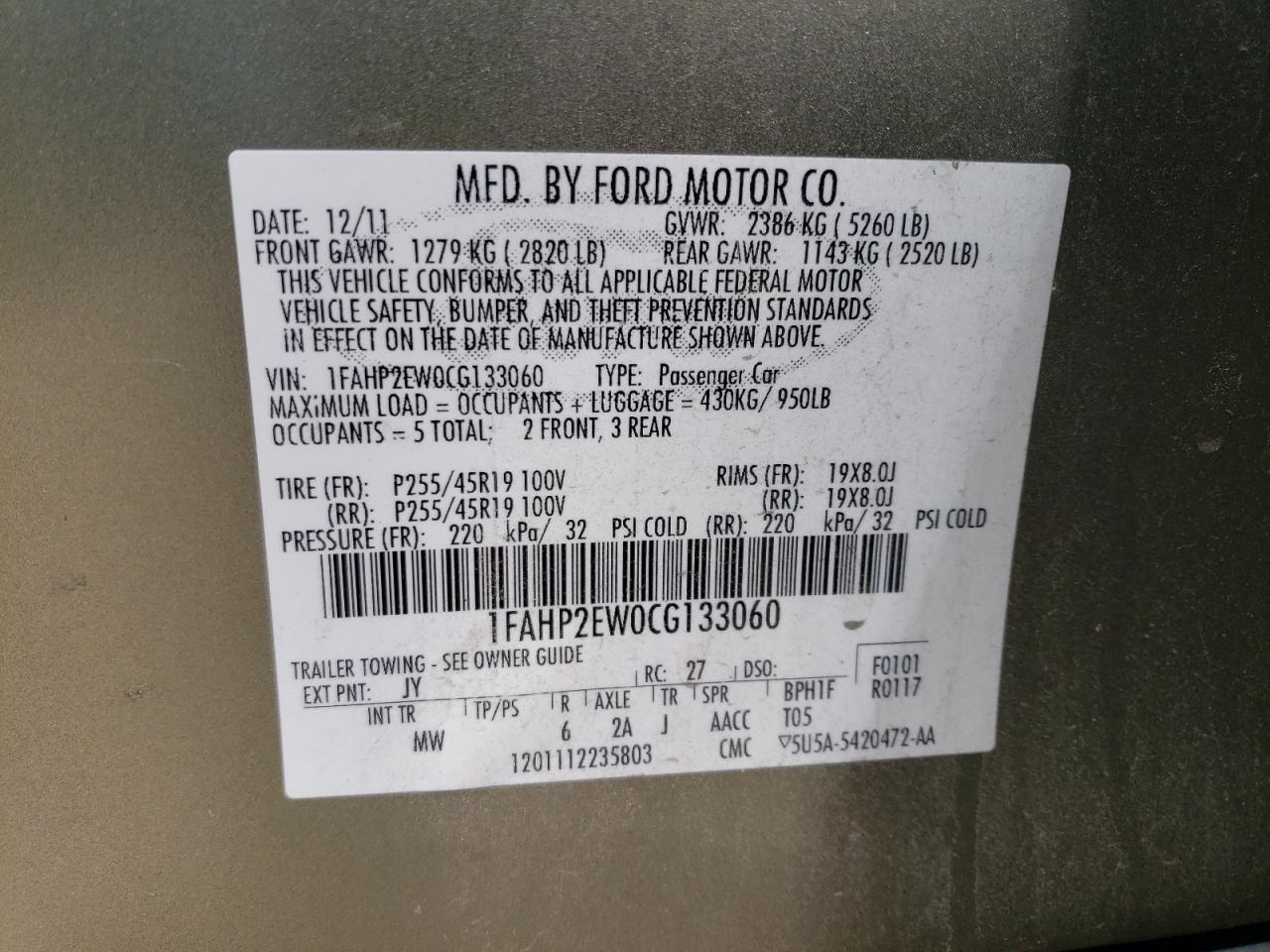 1FAHP2EW0CG133060 2012 Ford Taurus Sel