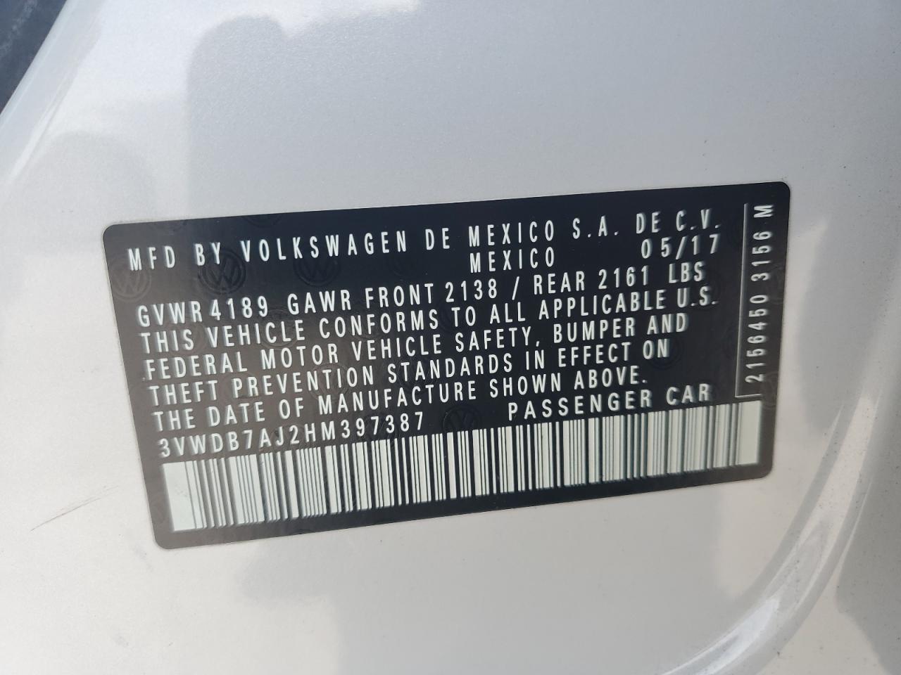 3VWDB7AJ2HM397387 2017 Volkswagen Jetta Se