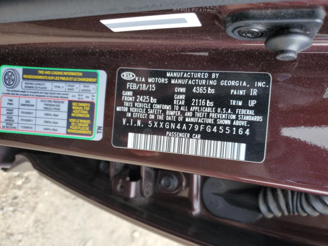 5XXGN4A79FG455164 2015 Kia Optima Ex