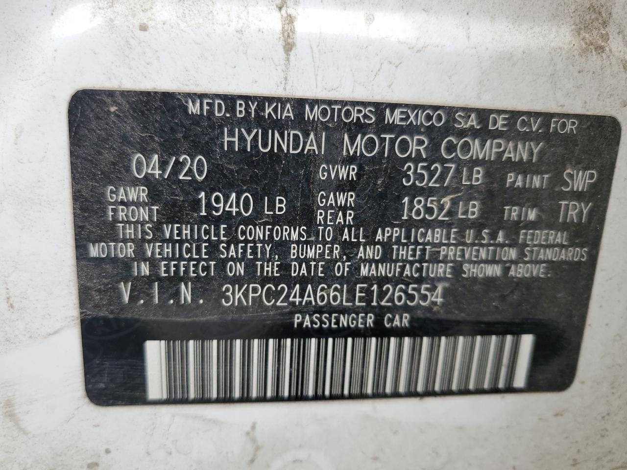 3KPC24A66LE126554 2020 Hyundai Accent Se