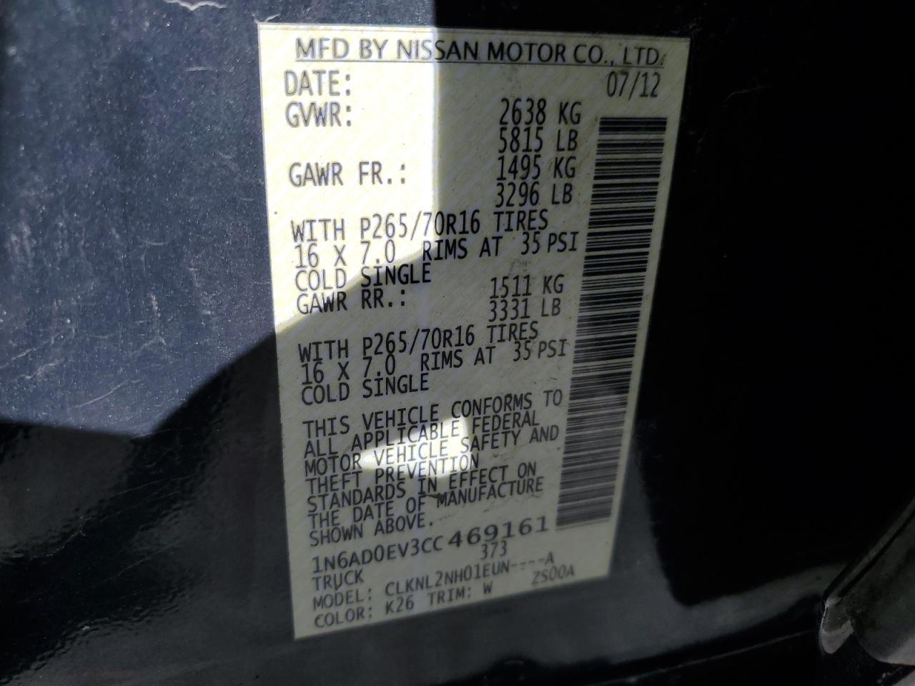 1N6AD0EV3CC469161 2012 Nissan Frontier S