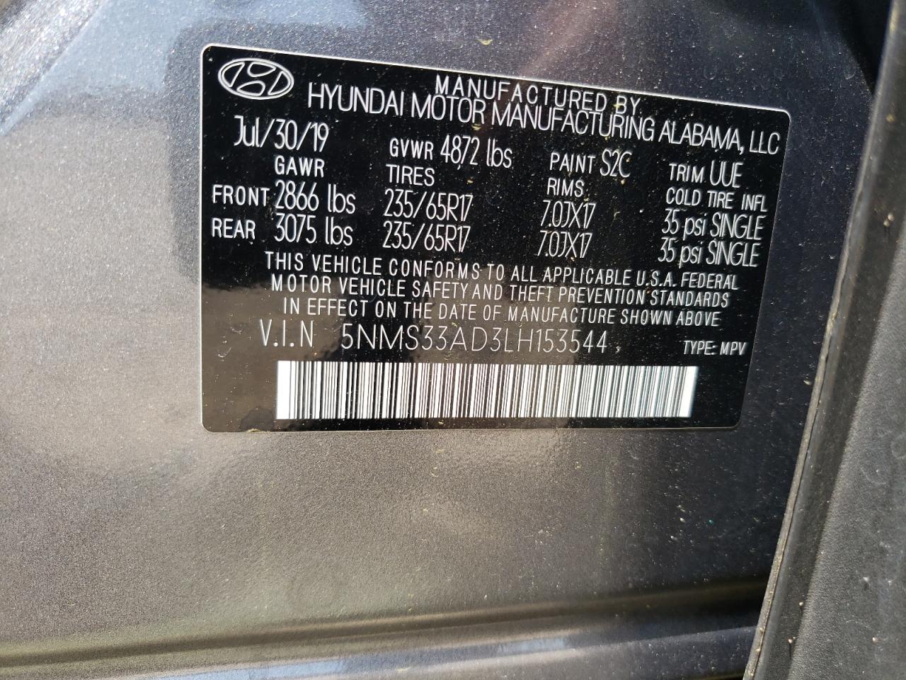 5NMS33AD3LH153544 2020 Hyundai Santa Fe Sel