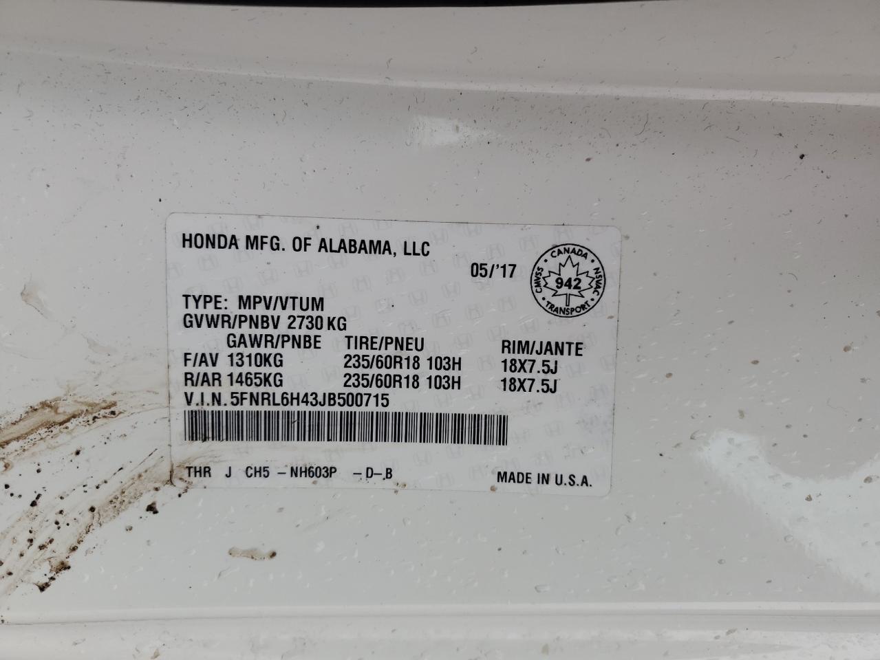 5FNRL6H43JB500715 2018 Honda Odyssey Ex