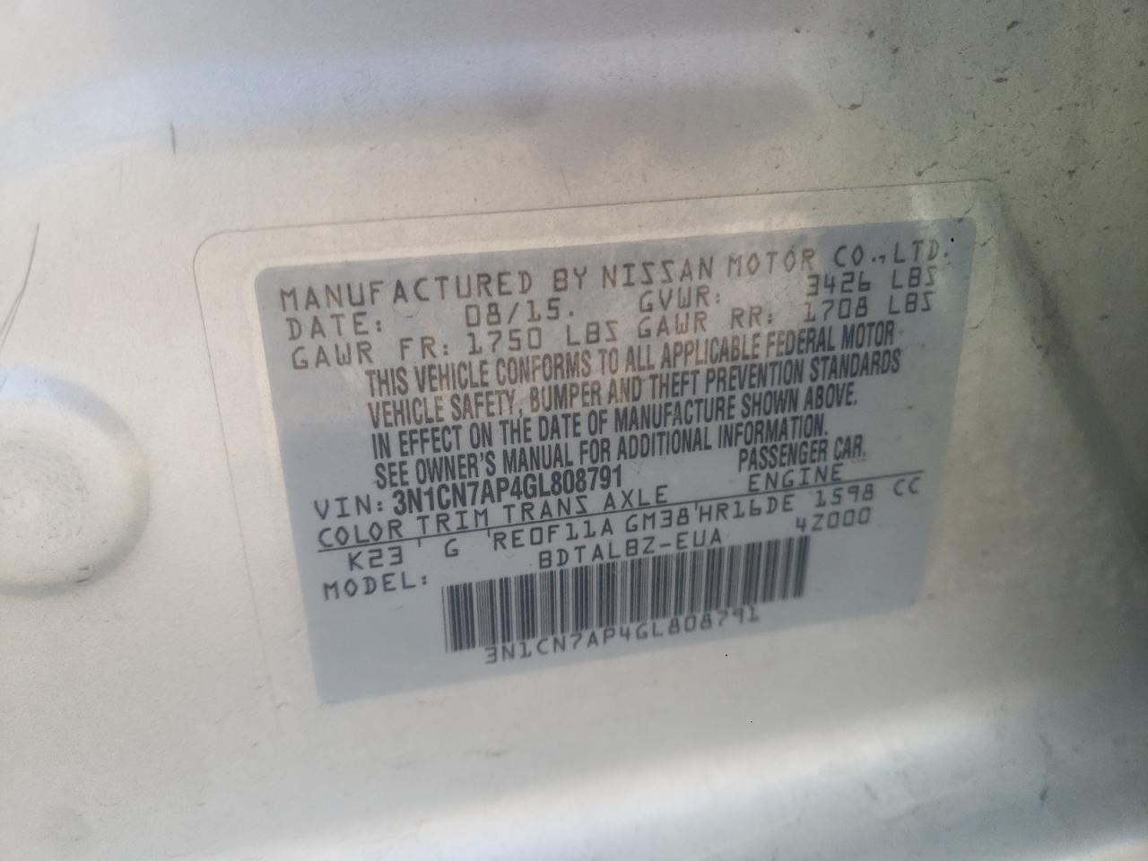 VIN: 3N1CN7AP4GL808791 2016 NISSAN VERSA