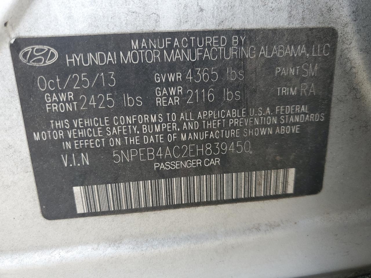 5NPEB4AC2EH839450 2014 Hyundai Sonata Gls