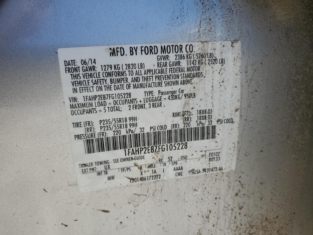 1FAHP2E87FG105228 2015 Ford Taurus Sel