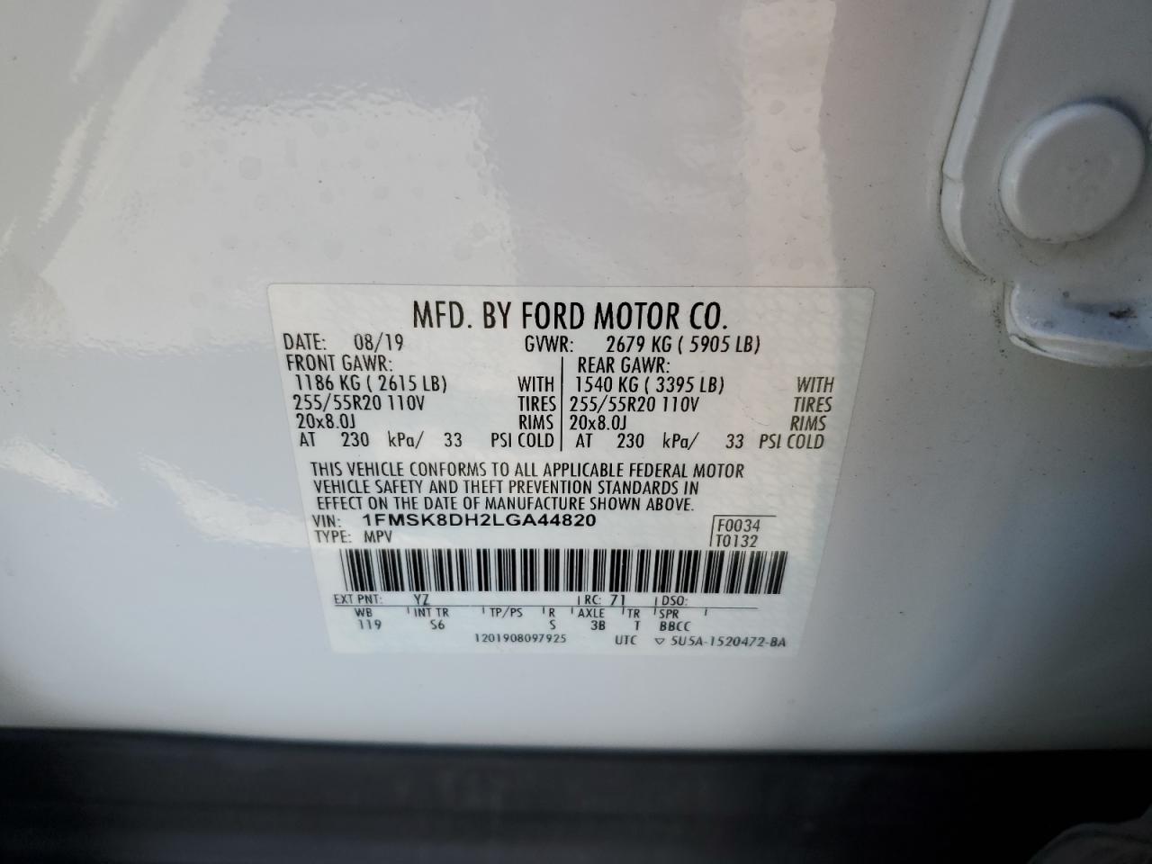 1FMSK8DH2LGA44820 2020 Ford Explorer Xlt