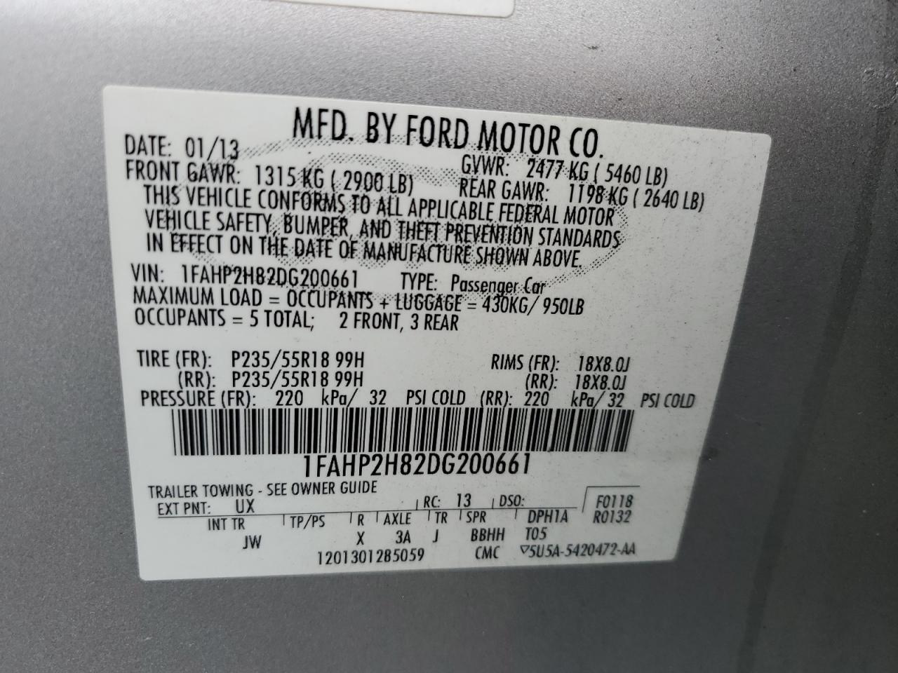 2013 Ford Taurus Sel vin: 1FAHP2H82DG200661