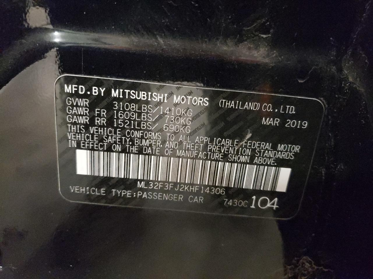 2019 Mitsubishi Mirage G4 Es vin: ML32F3FJ2KHF14306