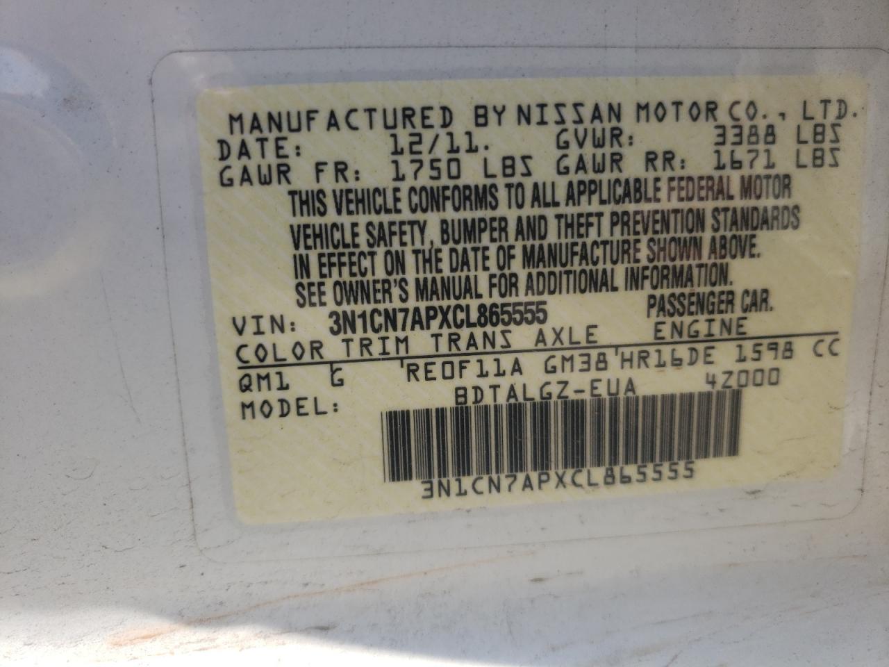 3N1CN7APXCL865555 2012 Nissan Versa S