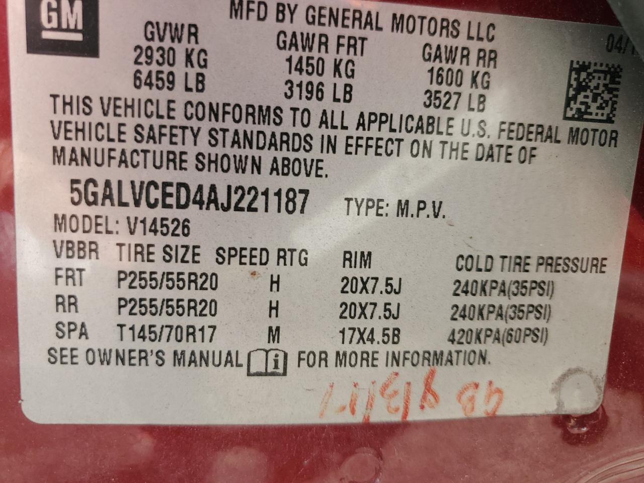 5GALVCED4AJ221187 2010 Buick Enclave Cxl