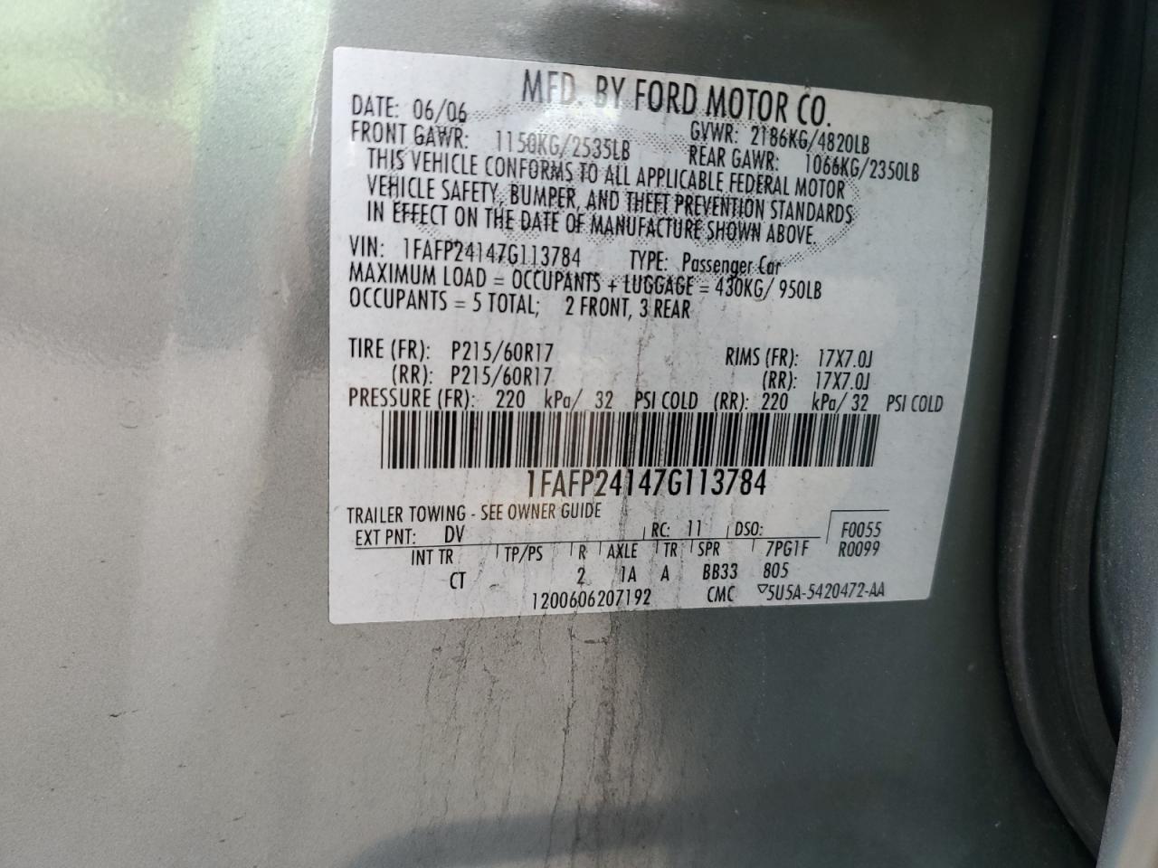 1FAFP24147G113784 2007 Ford Five Hundred Sel