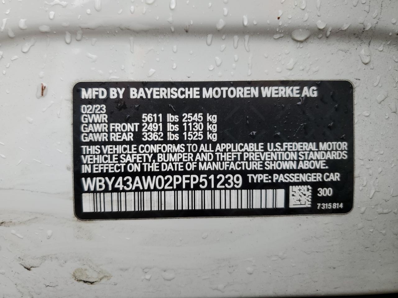 2023 BMW I4 Edrive 35 vin: WBY43AW02PFP51239