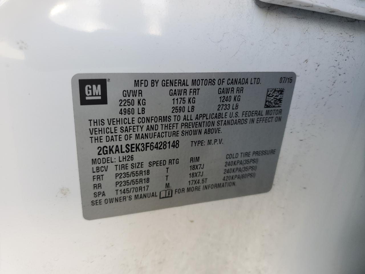 2GKALSEK3F6428148 2015 GMC Terrain Slt