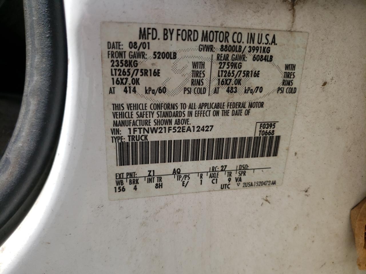 1FTNW21F52EA12427 2002 Ford F250 Super Duty