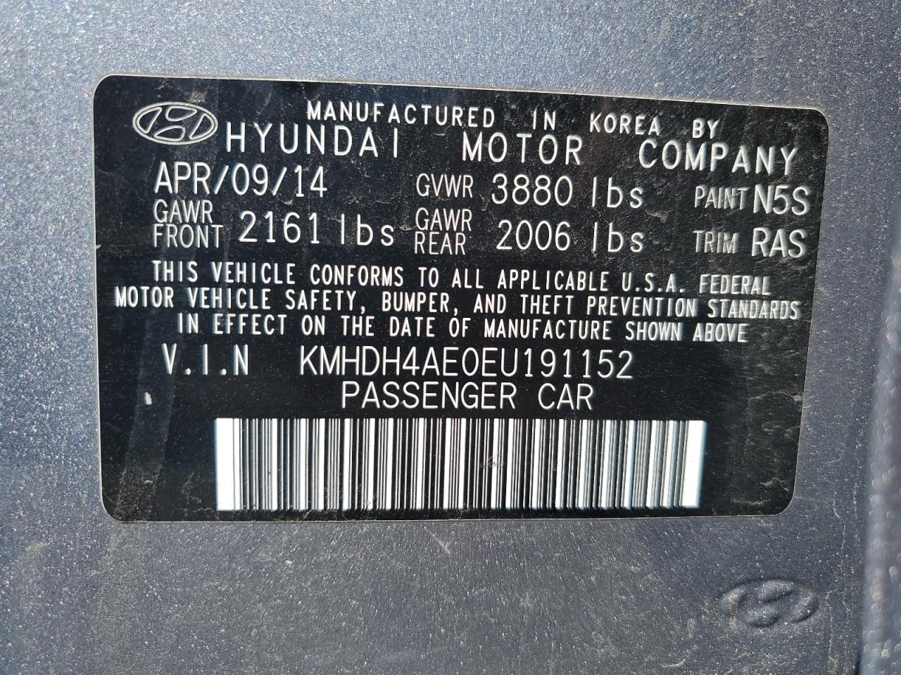 2014 Hyundai Elantra Se vin: KMHDH4AE0EU191152