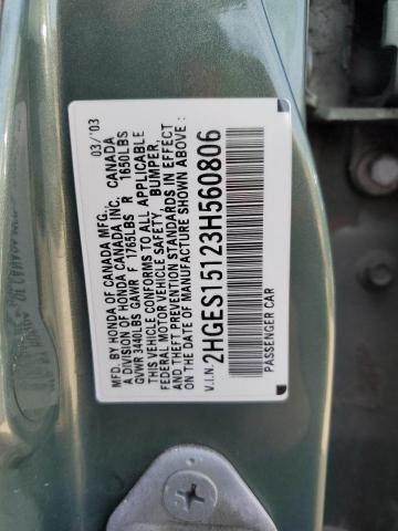 2003 Honda Civic Dx VIN: 2HGES15123H560806 Lot: 50506704