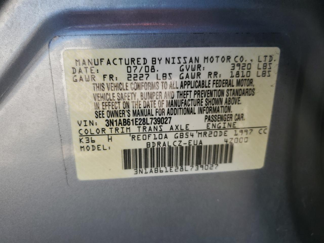 3N1AB61E28L739027 2008 Nissan Sentra 2.0