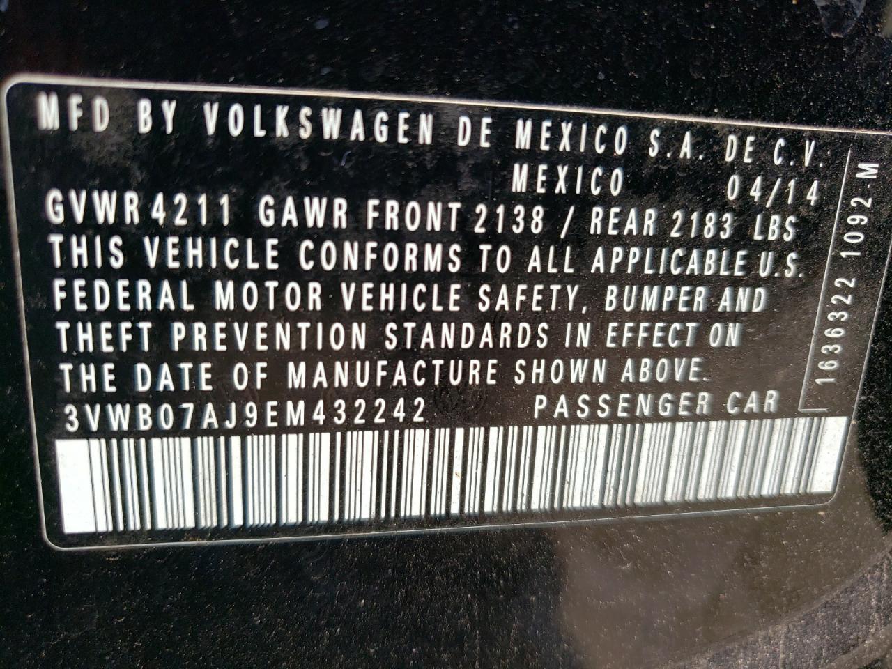 3VWB07AJ9EM432242 2014 Volkswagen Jetta Se