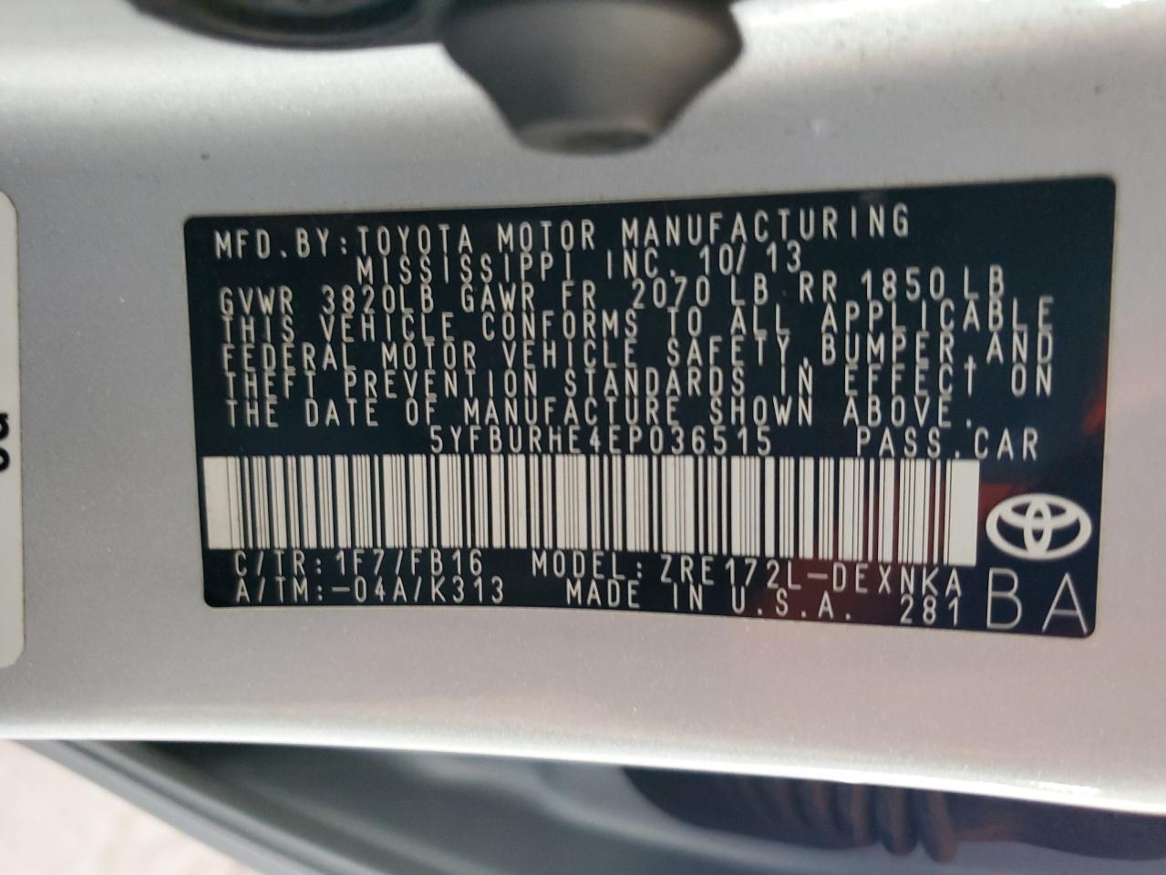 5YFBURHE4EP036515 2014 Toyota Corolla L