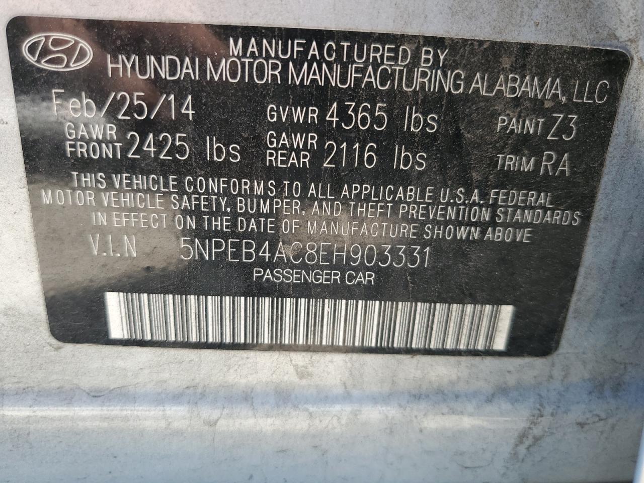 5NPEB4AC8EH903331 2014 Hyundai Sonata Gls